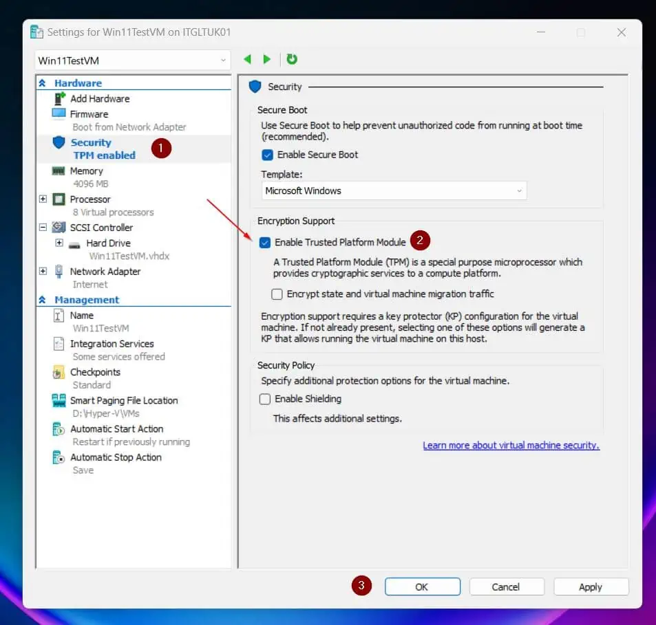 On the VM's Settings, click the Security tab. Then, on the details pane, check the Enable Trusted Platform Module checkbox and click OK