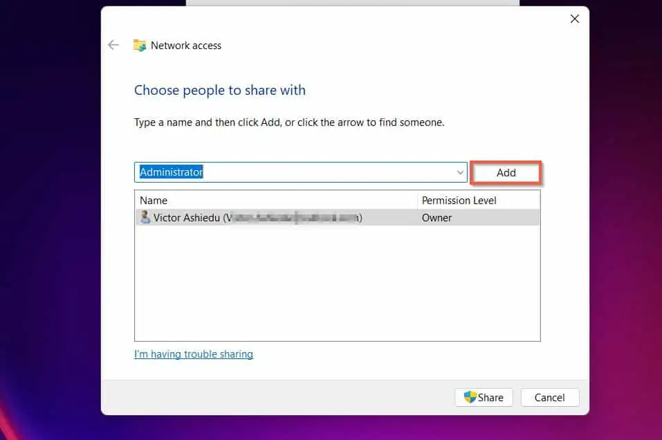 Once the user is selected, click Add