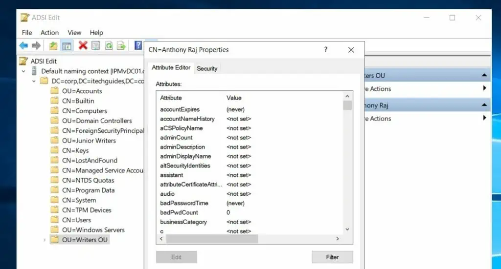 Once you open an object's Properties in ADSI Edit, you have access to the Attribute Editor