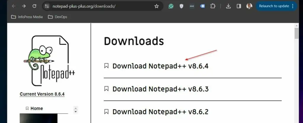 Open the Notepad++ download (link opens in a new browser tab) page and click the link to the latest version