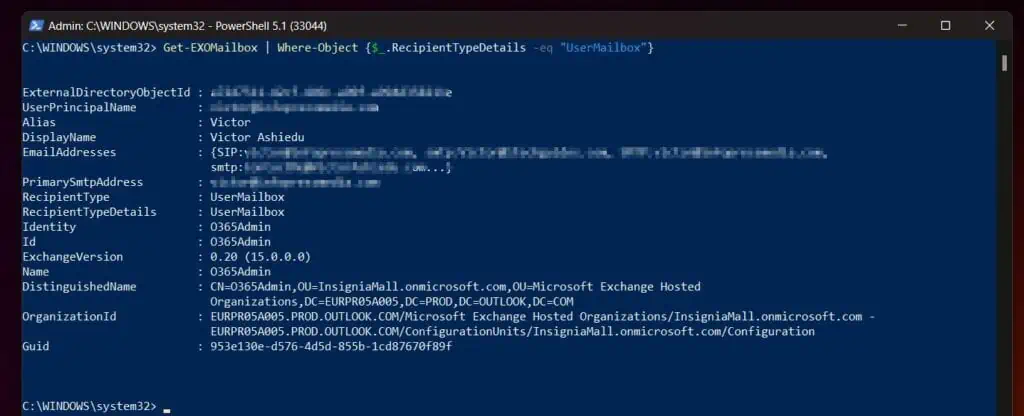 Return User mailboxes, and exclude Shared mailboxes