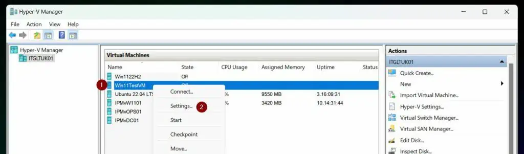 Right-click the VM you created in step 1 and select Settings on the Hyper-V Manager