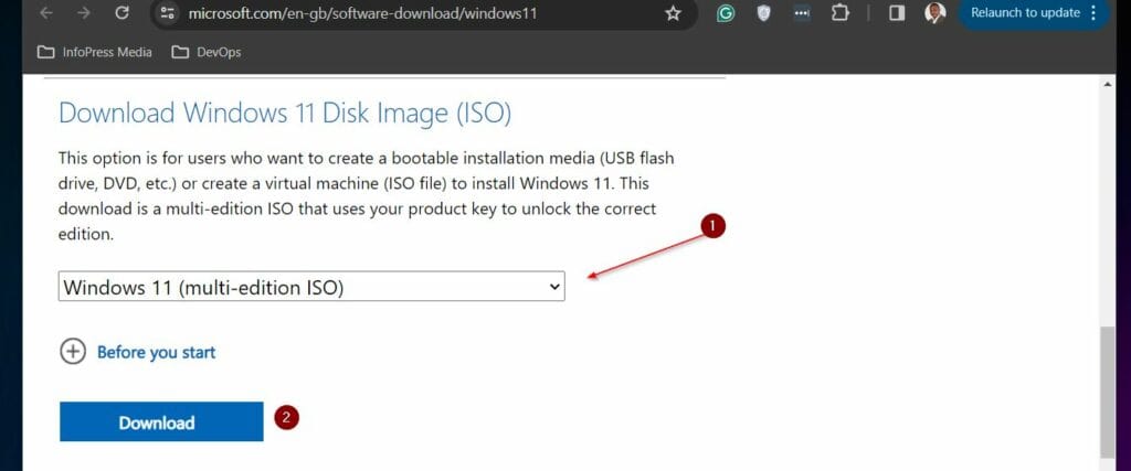 Scroll to the Download Windows 11 Disk Image (ISO) section, select Windows 11 multi-edition ISO, and click the Download link
