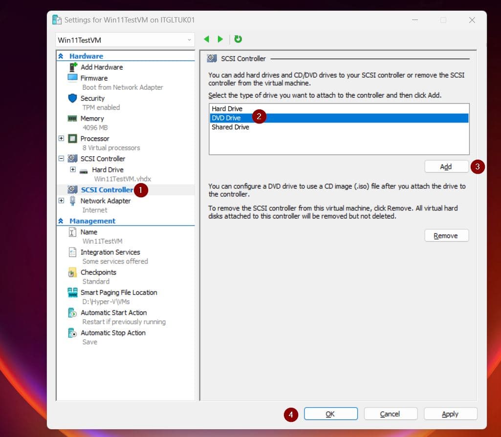 Select DVD Drive, click Add and OK