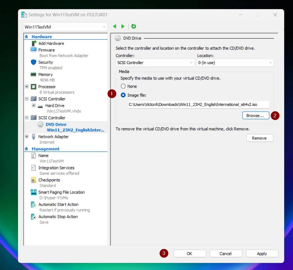 Select the Image file option, next click Browse, and select the downloaded Windows 11 ISO image. After that, click OK