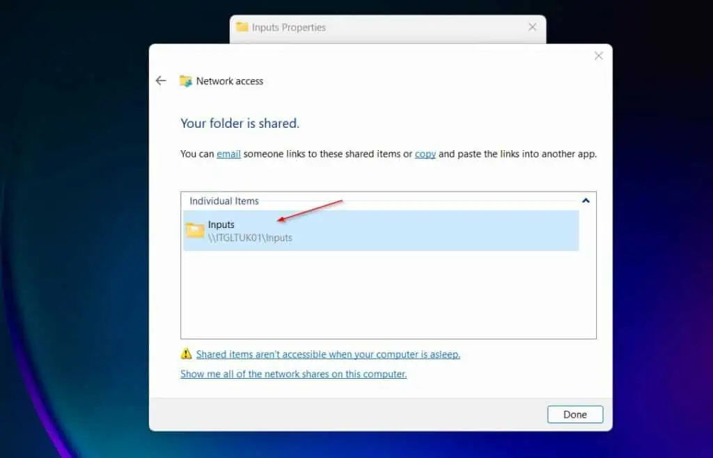 This is the path users need to access the shared folder from another computer.