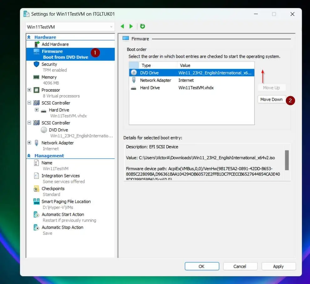 To ensure that the VM boots from the ISO file, click the Firmware node. Then, on the details pane, Select DVD Drive and use the Move Up button to move it to the top