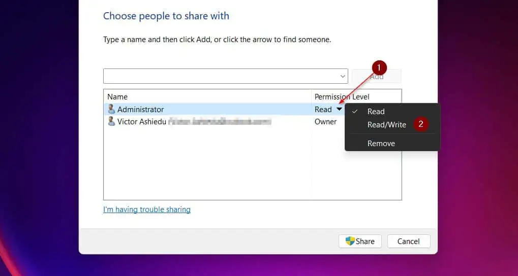 To modify the permission, click the arrow beside Read, then select Read-write
