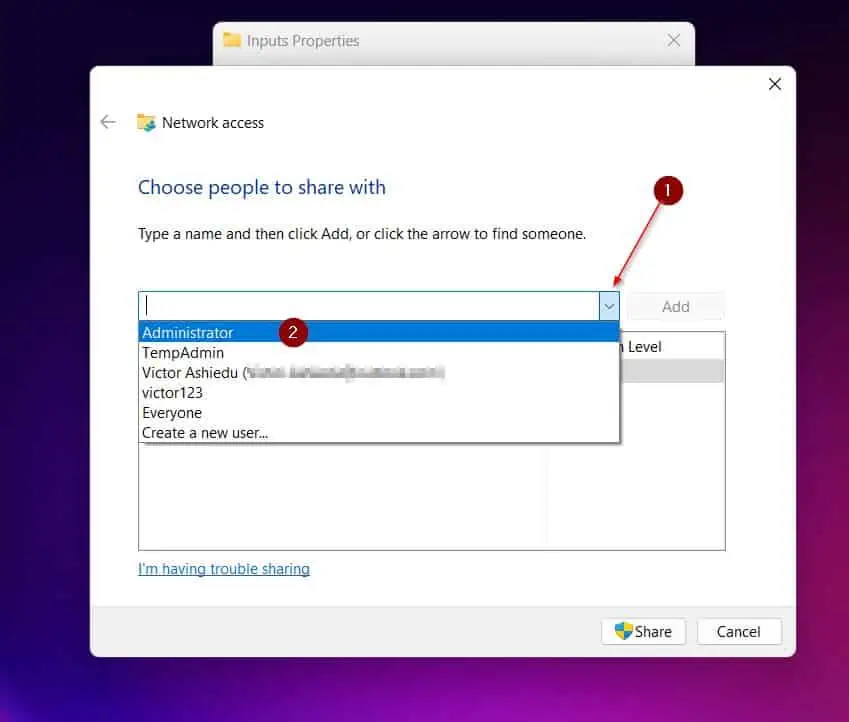 To share the folder with a local user on the PC, click the arrow, then select an existing user