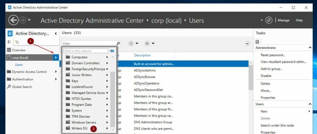 When ADAC opens, expand the domain and click on the AD container where the user object is located