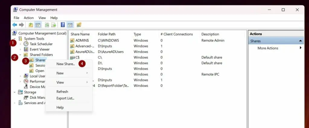 When Computer Management opens, expand the Systems Tools -> Shared Folders. Then, right-click Shares and Select "New Share."
