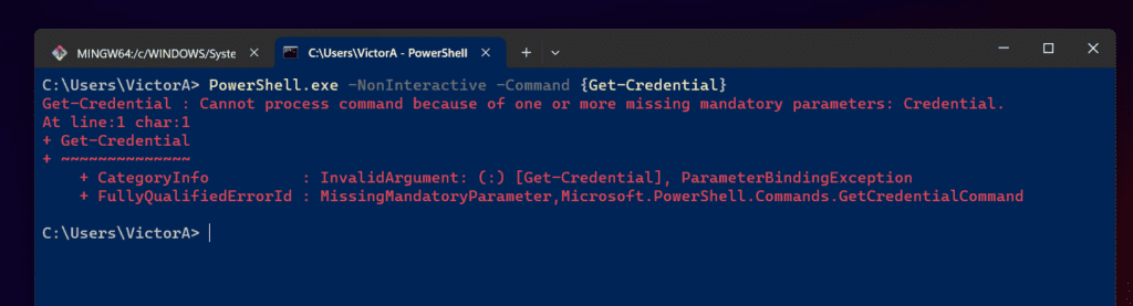 PowerShell.exe -NonInteractive -Command {Get-Credential}