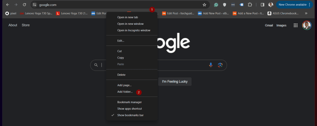 To create a folder in the Chrome browser bookmarks bar, right-click anywhere on the bar. Then, select the Add folder option.