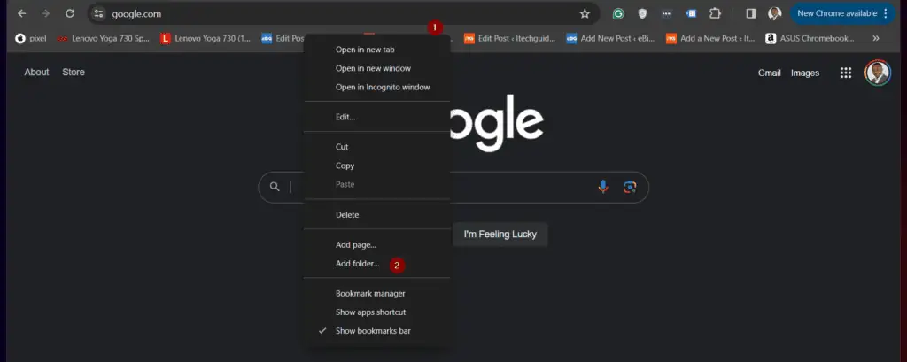 To create a folder in the Chrome browser bookmarks bar, right-click anywhere on the bar. Then, select the Add folder option. 