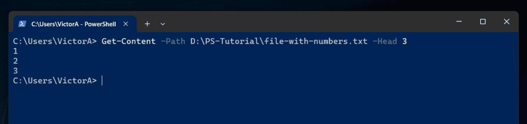 Get-Content -Path D:\PS-Tutorial\file-with-numbers.txt -Head 3