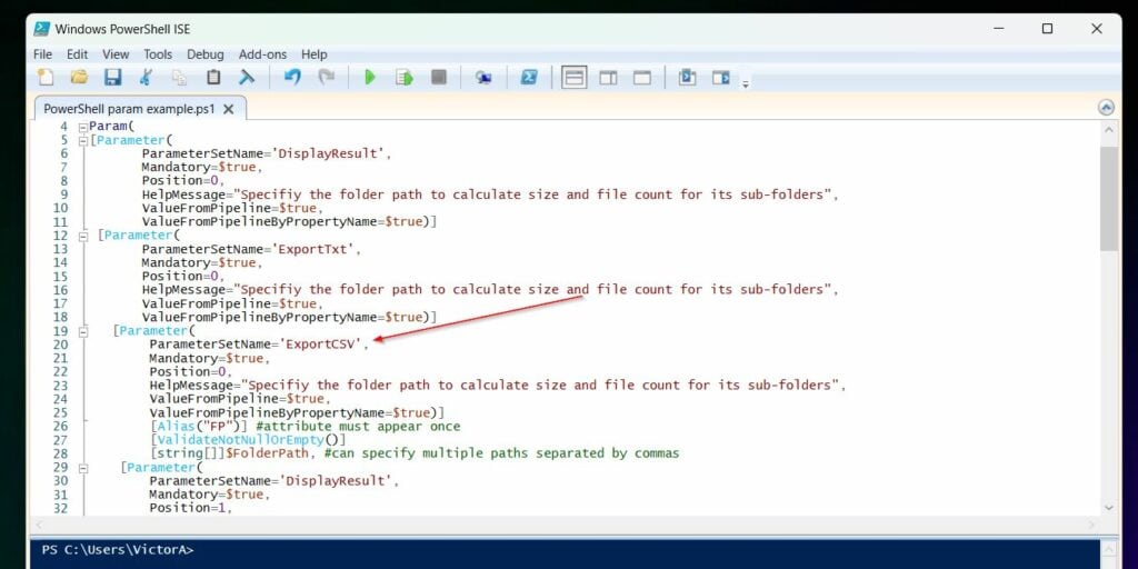lines 19 and 25, I declared a third parameter attribute with a ParameterSetName argument called ExportCSV.