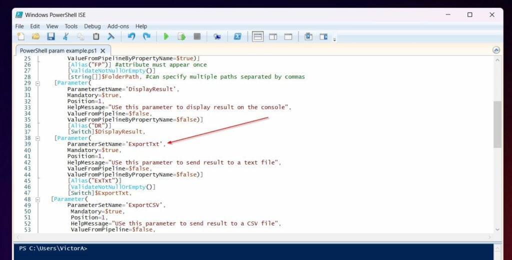 lines 48 and 57, I declared the ExportCSV parameter