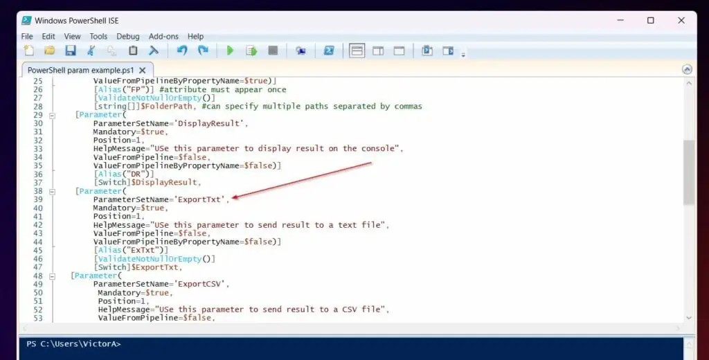 lines 48 and 57, I declared the ExportCSV parameter
