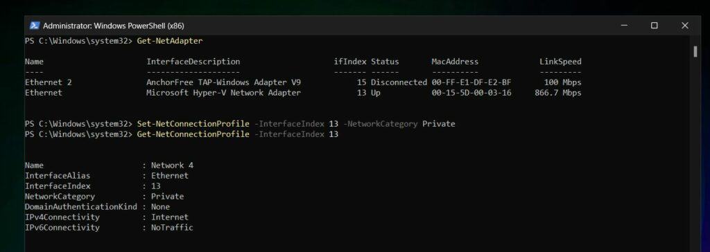 Set-NetConnectionProfile -InterfaceIndex 13 -NetworkCategory Private