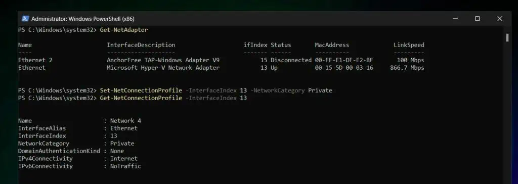 Set-NetConnectionProfile -InterfaceIndex 13 -NetworkCategory Private