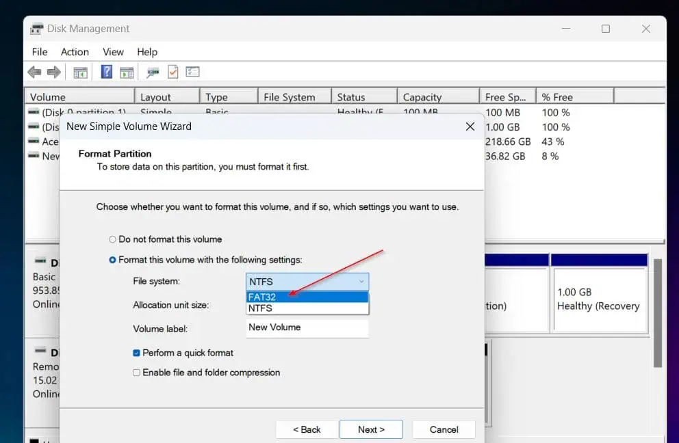 Disk Management formats USB drives using the NTFS file system by default. If you wish to format the drive using the FAT32 file system, select this option on the Format Partition page of the wizard.