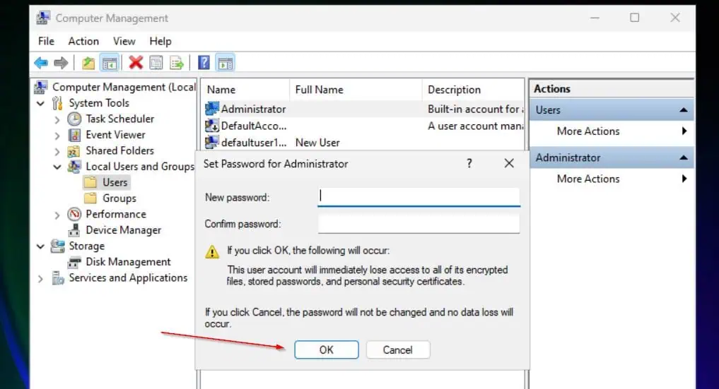 Finally, leave both password fields blank to set the account to use a blank password, and click OK.
