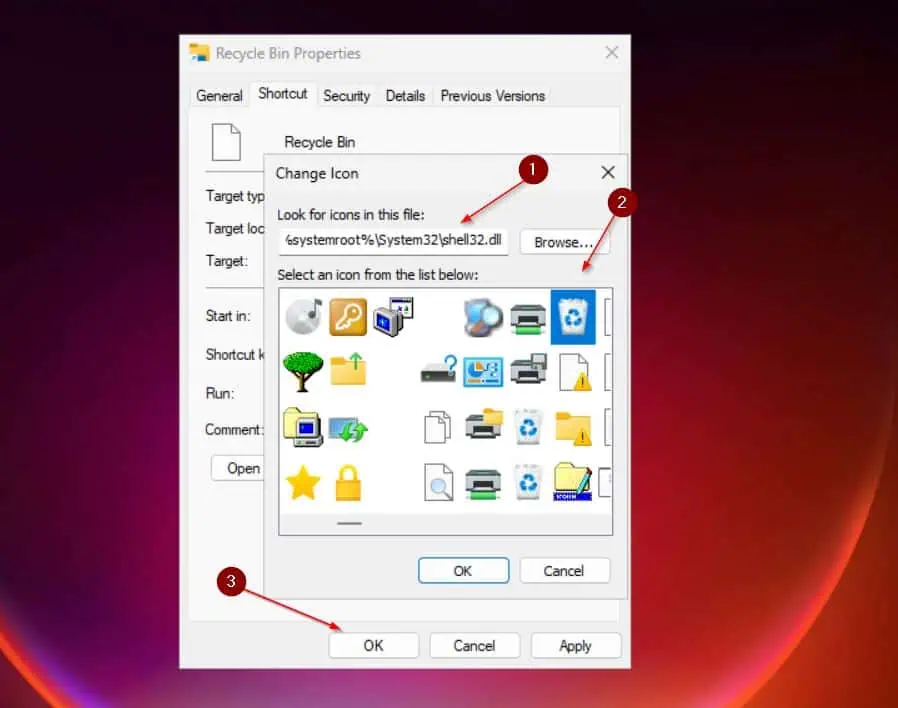 On the Look for icons on this file enter the path to SHELL32.dll, select the Recycle Bin iocn and click OK twice