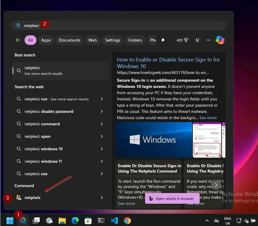 Search for netplwiz and select the application from the search results. 