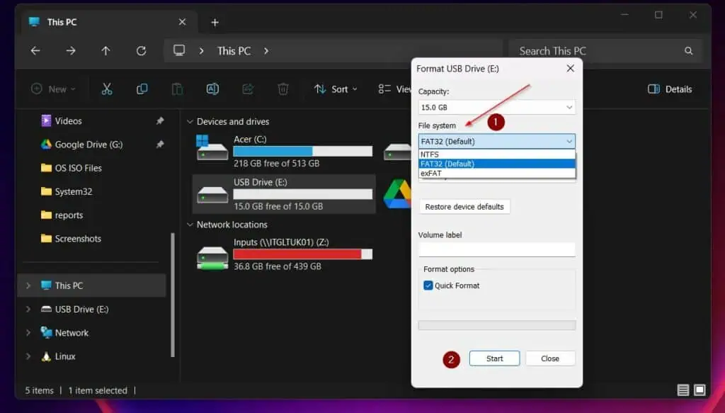 The default file system is FAT32. However, if you wish to format the USB using the NFTS or exFAT file system, click the File System drop-down list.