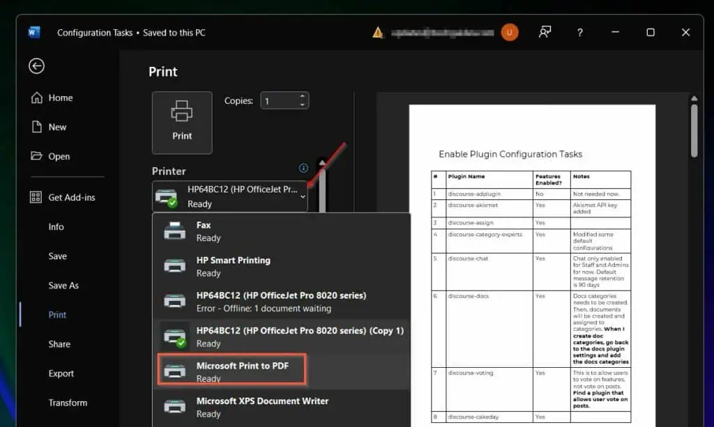 Then, click the Print drop-down and select "Microsoft Print to PDF."