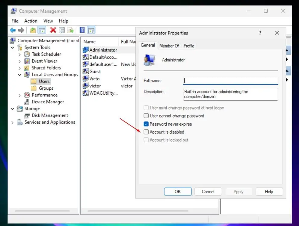 Then, in the details pane, double-click the administrator and confirm that the Account is deactivated checkbox is unchecked