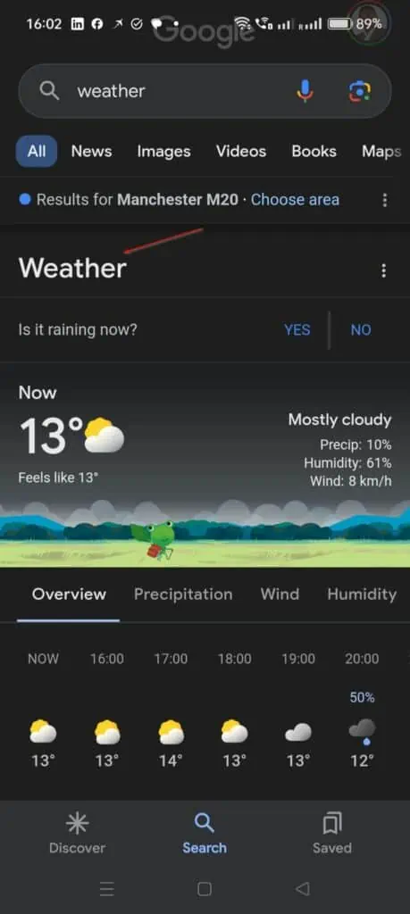 When the app opens, search weather without the quotes. The search displays Weather