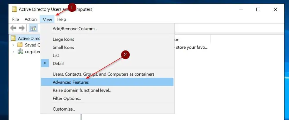 Open-Active-Directory-Users and Computers-click-View-and select-Advanced Features