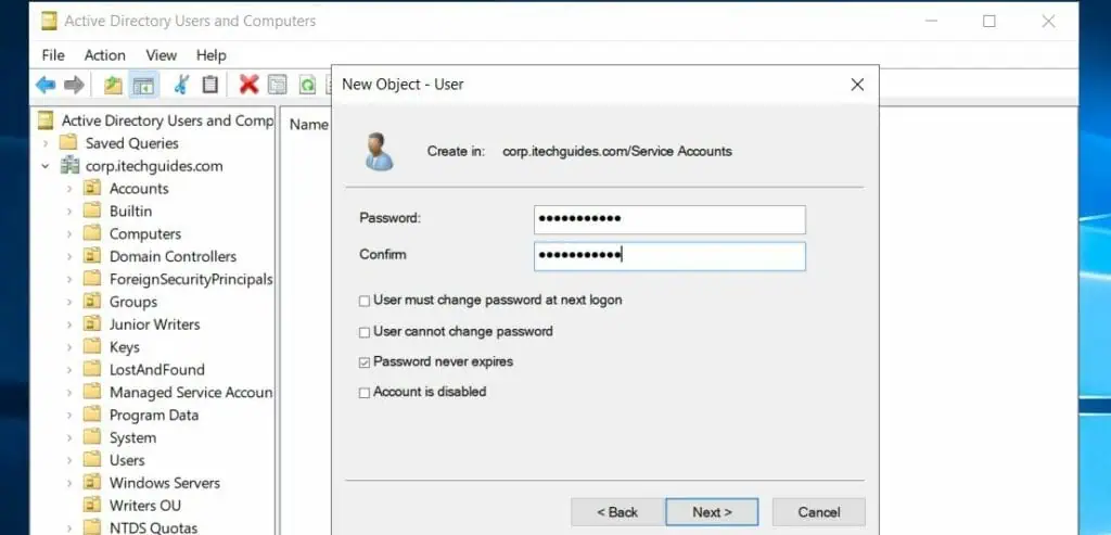 Create an AD Service Account - step 3