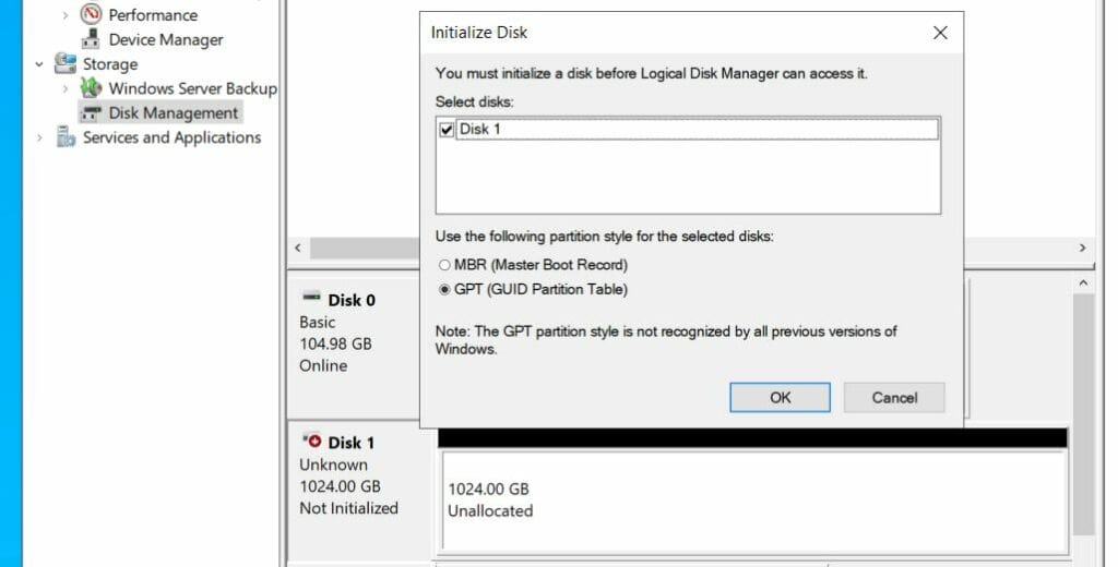 Initialize an MPIO disk in disk management