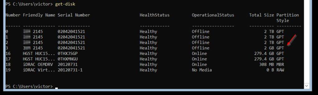 Results of Get-Disk after claiming FC LUMs with New-MSDSMSupportedHW and Update-MPIOClaimedHW