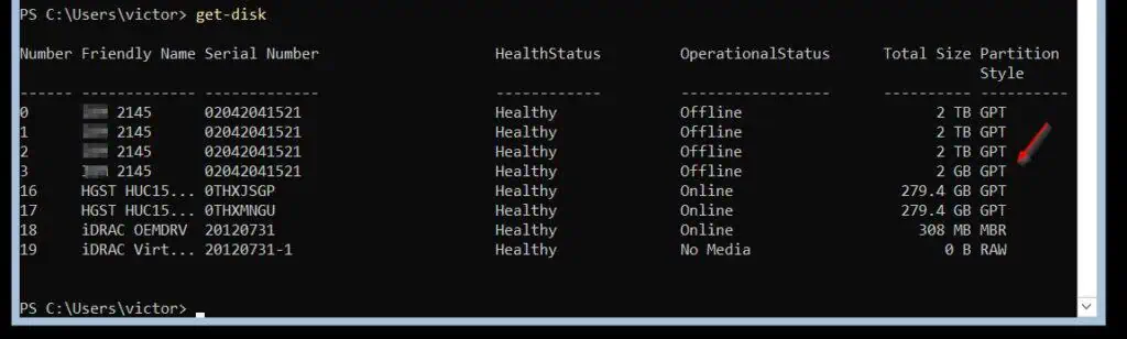 Results of Get-Disk after claiming FC LUMs with New-MSDSMSupportedHW and Update-MPIOClaimedHW