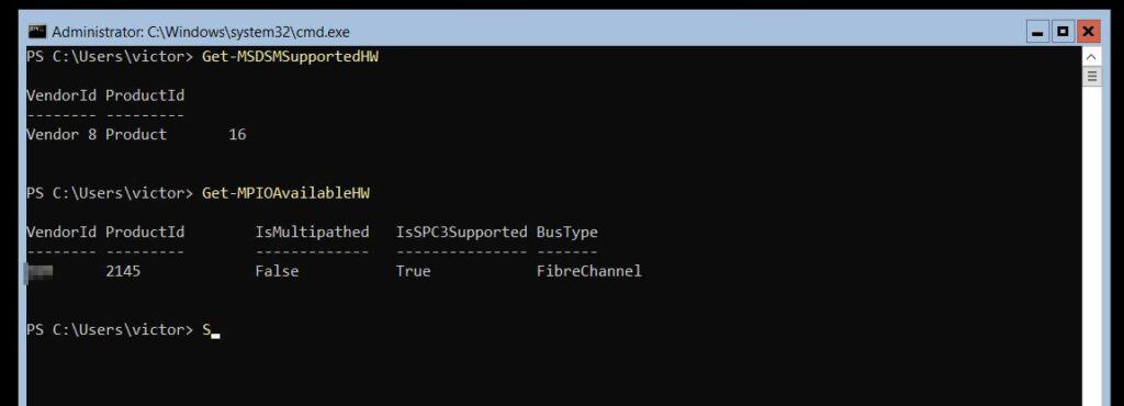 results of the Get-MSDSMSupportedHw and Get-MPIOAvailableHW MPIO commands