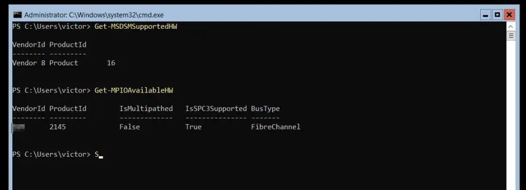 results of the Get-MSDSMSupportedHw and Get-MPIOAvailableHW MPIO commands