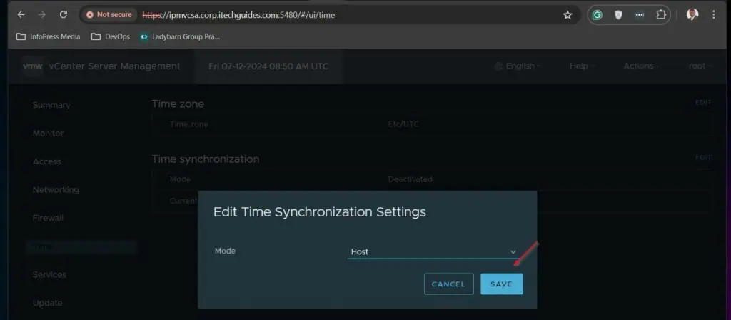After selecting Host as the vCenter Time Synchronization mode, click SAVE.