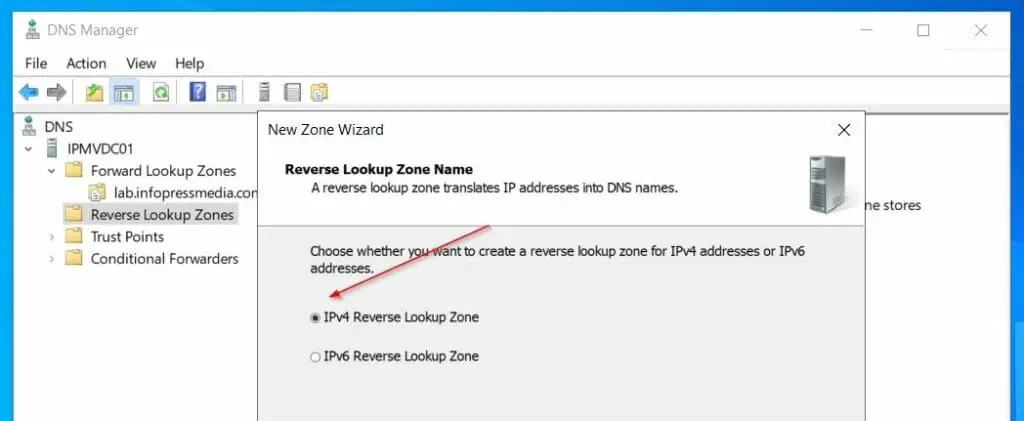 After that, choose Primary zone. Then, IPv4 Reverse Lookup Zone.