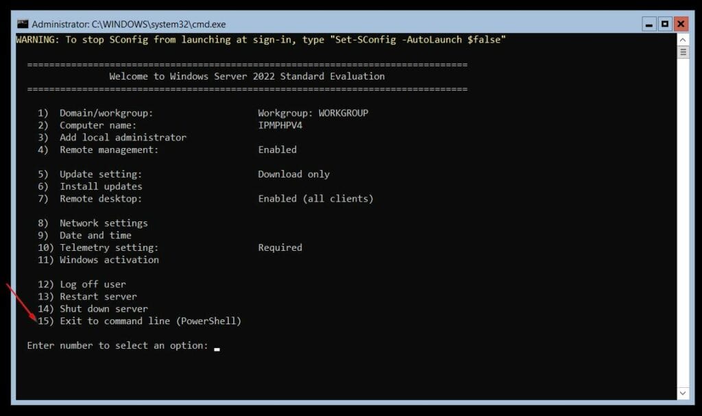 Back on the main configuration screen, select option 15 to load the PowerShell console.