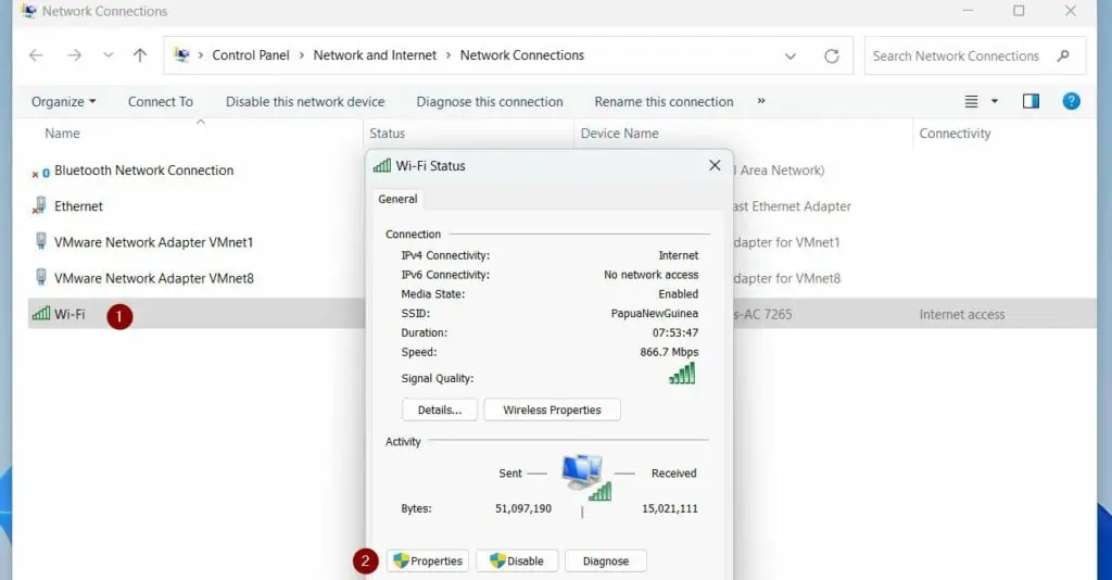 Double-click the network adapter to open it. Then, click Properties to open the TCP/IP properties of the NIC.