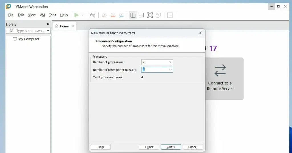 Enter 2 on the Number of processors and Number of cores per processor