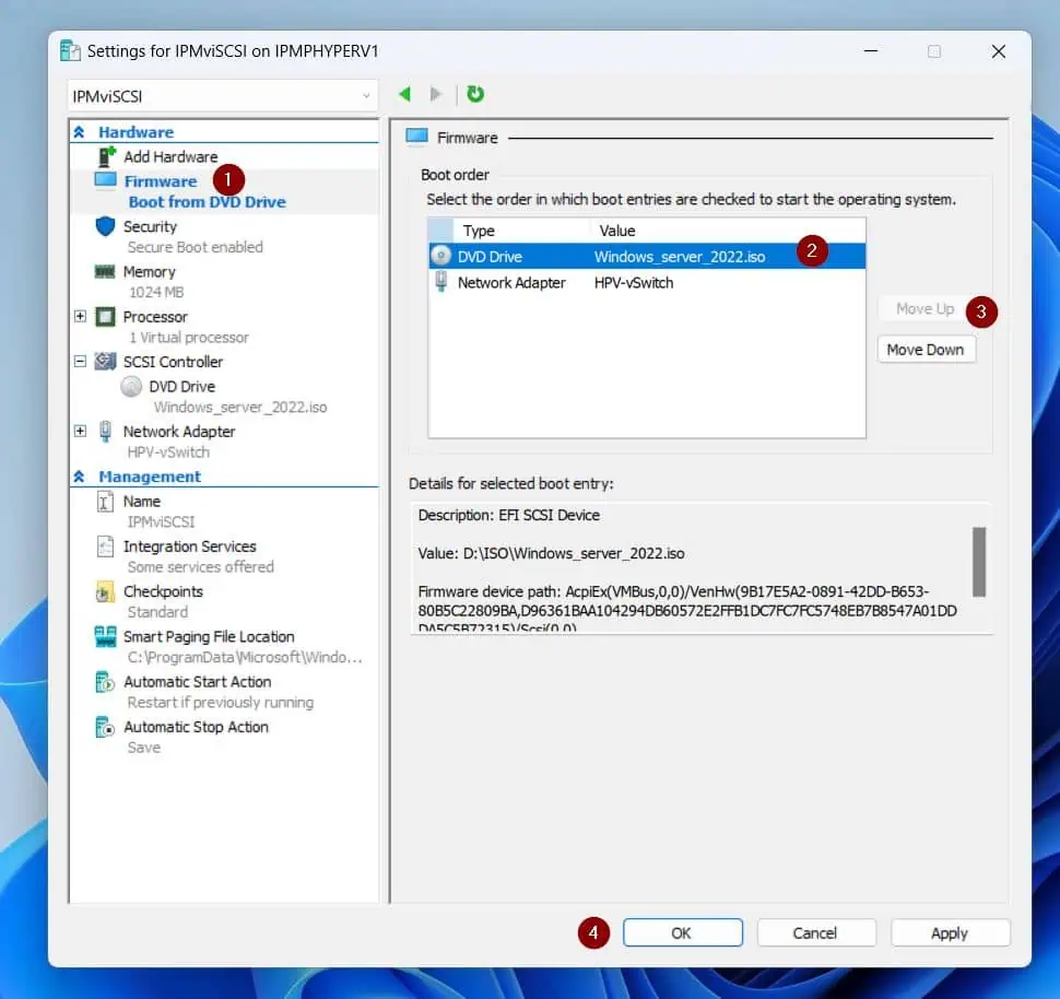 Finally, select Firmware, then, select DVD Drive, use the Move up button to make it the first boot device, click OK to apply the changes and close the VM's Settings