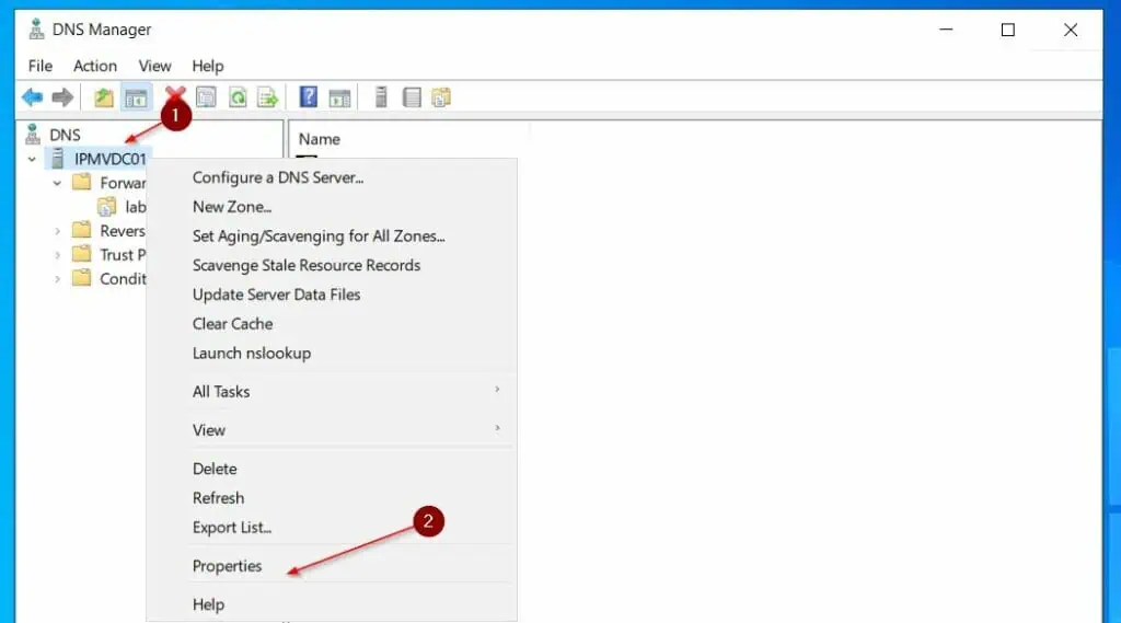 From the DNS Manager, right-click the Server and choose Properties.