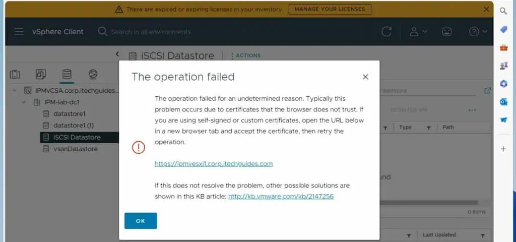 Here is why it failed and the recommended fix: copy the vCenter server's URL to a new tab on the same browser, ignore the certificate error and re-try the upload. .