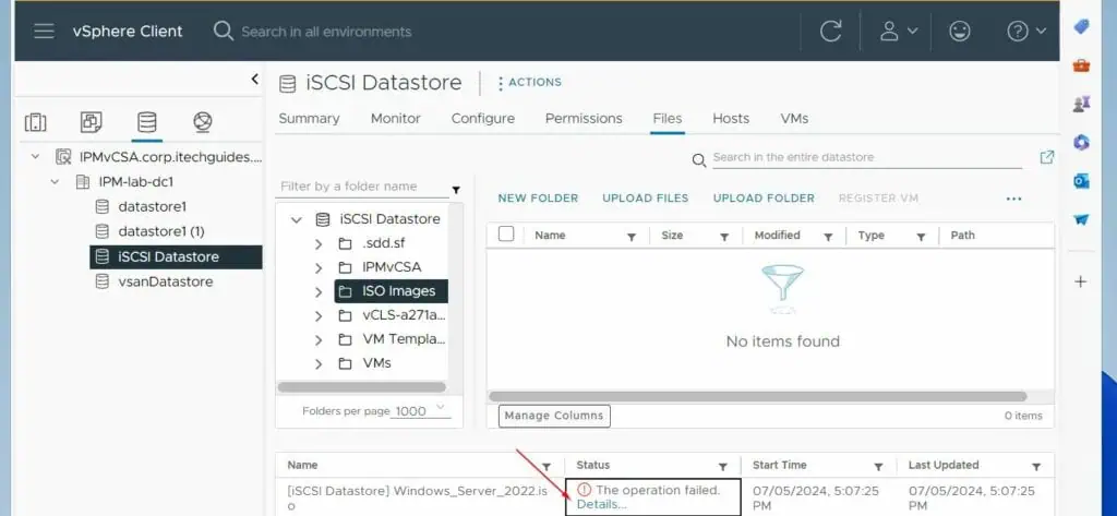 If the upload fails, vCenter will display an error message. Click on the details to see the error details.