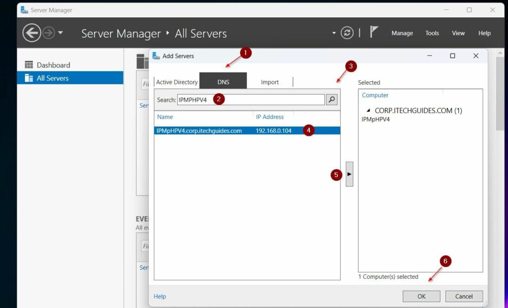 On the Add servers page, I'm using the DNS option because the computer I am connecting from is not a member of my domain.