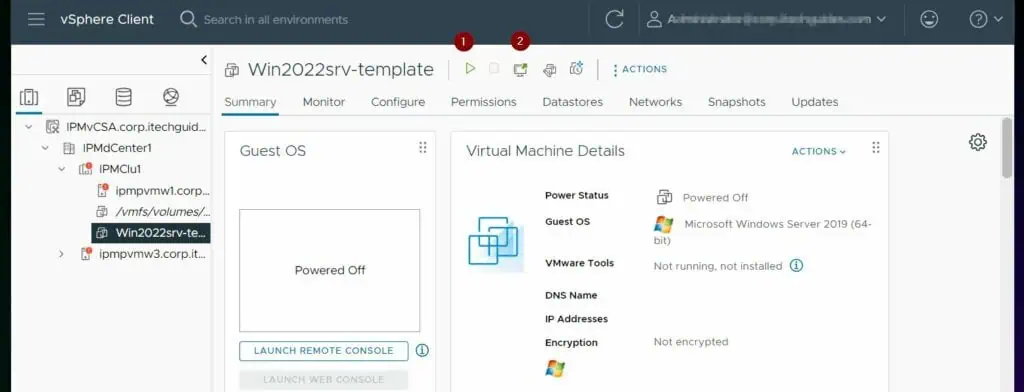 Next, power on the VM, then open its console (see my numbering in the screenshot below).